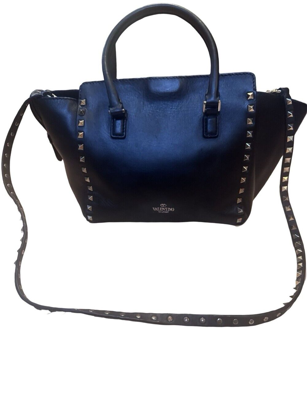 VALENTINO GARAVANI Medium Rockstud Trapeze Tote Navy Blue Leather Shoulder Bag